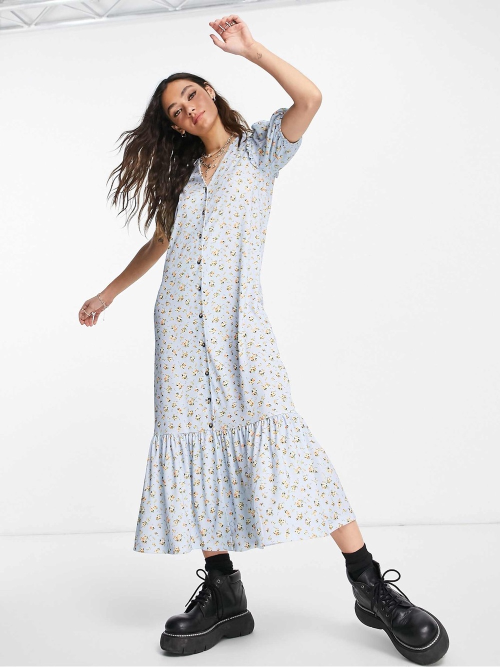 Topshop Pale Blue Floral Button-Front Midi Dress US 12